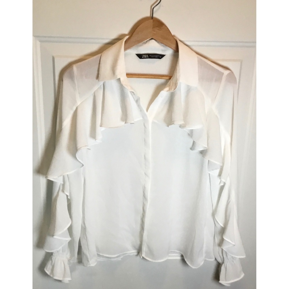 Zara White Ruffle Tiered Button Down Blouse‎ Smocked Cuff Long Sleeve Medium